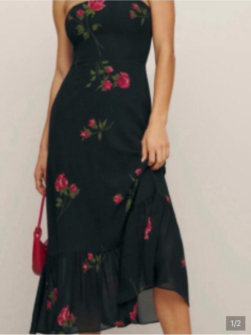 Reformation Arta strapless Dress - black / rose print - new with tags - size 8